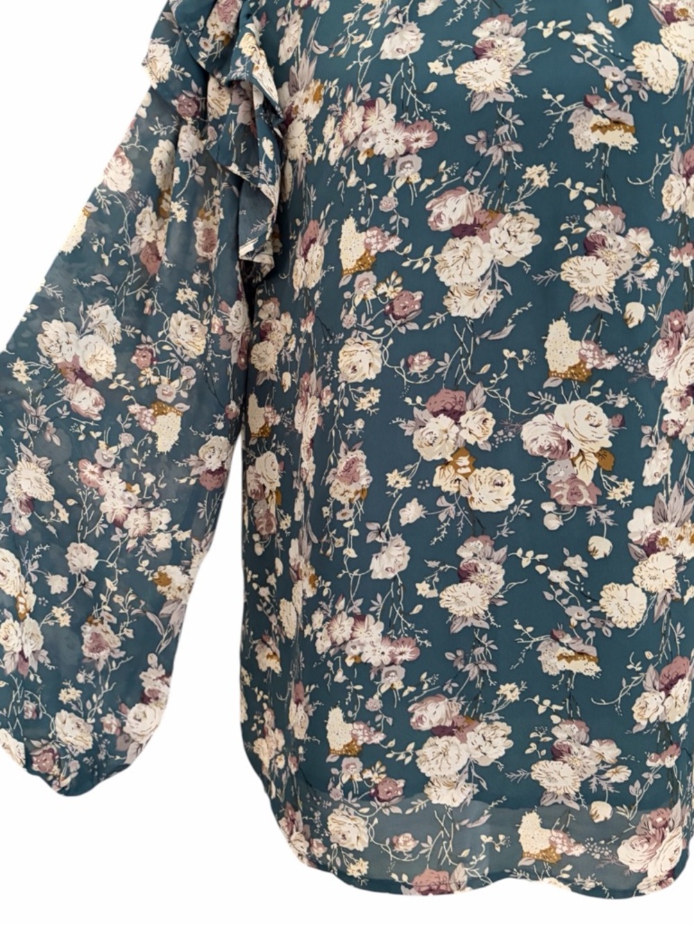 Hayden Los Angeles Teal Floral Blouse Ruffle Spring Cottagecore Romantic Medium - Picture 4 of 7